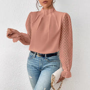 Top de Gasa con Cuello Alto y Patrón de Ondas — Manga Larga para Otoño - QueensalesOF