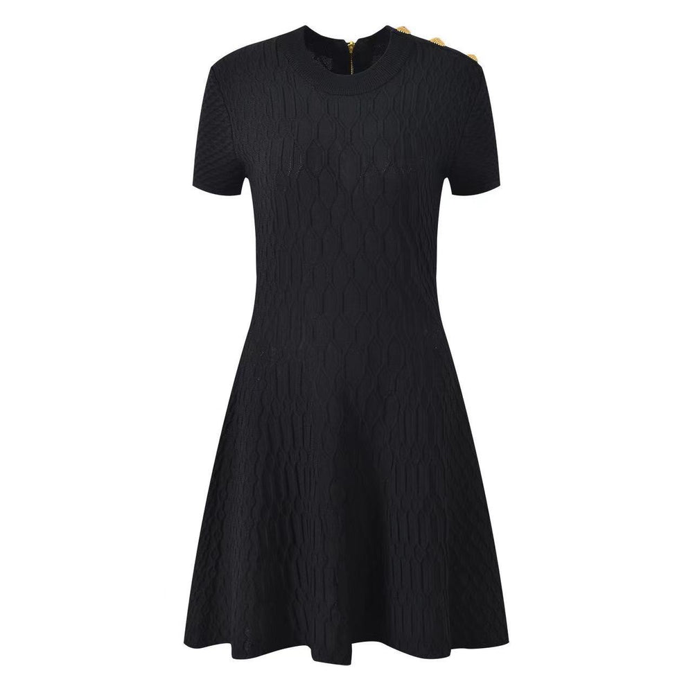 Vestido Casual de Manga Corta — Cuello Redondo, Silueta Tipo A - QueensalesOF