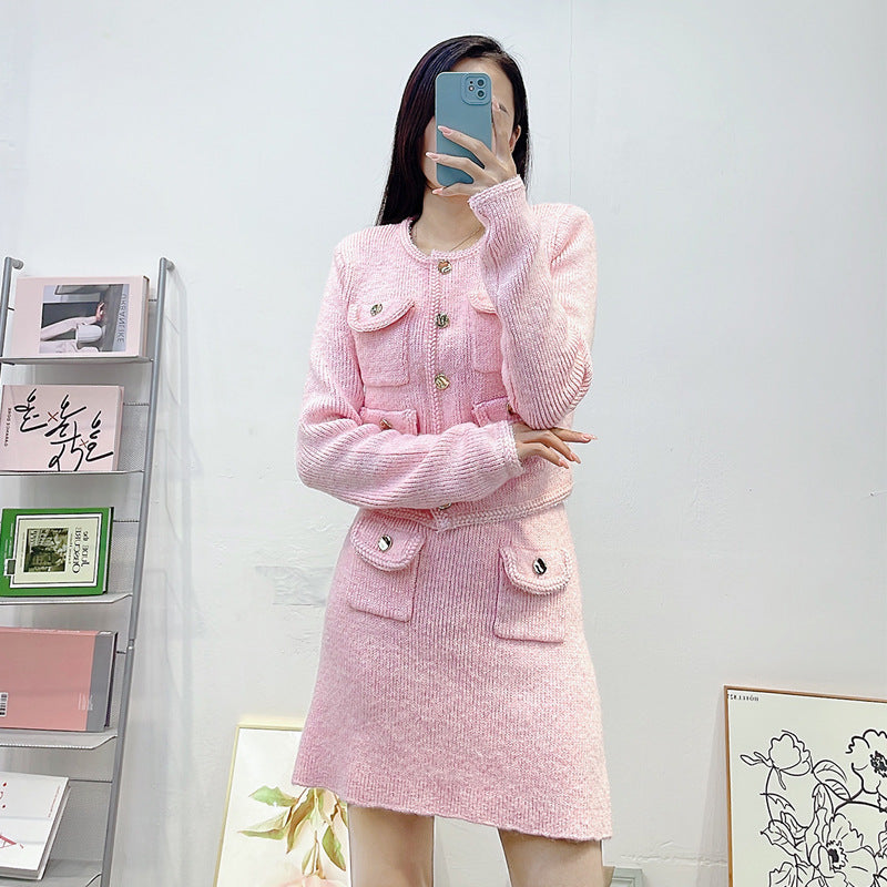 Round neck long sleeved short skirt set - QueensalesOF