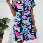 Summer New Fashion Colorful Floral Printed Open Front Short Sleeve Shirt Dress - QueensalesOF