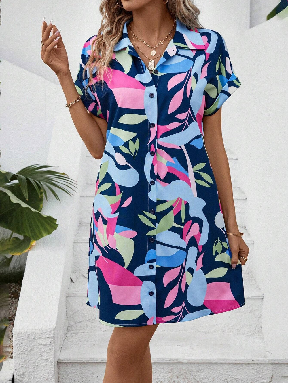 Summer New Fashion Colorful Floral Printed Open Front Short Sleeve Shirt Dress - QueensalesOF