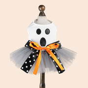 Ghost Face Ghost Polka Dot Bow Halloween Pet Tulle Dress for Maltese, Gray Mesh Festival Costume - QueensalesOF