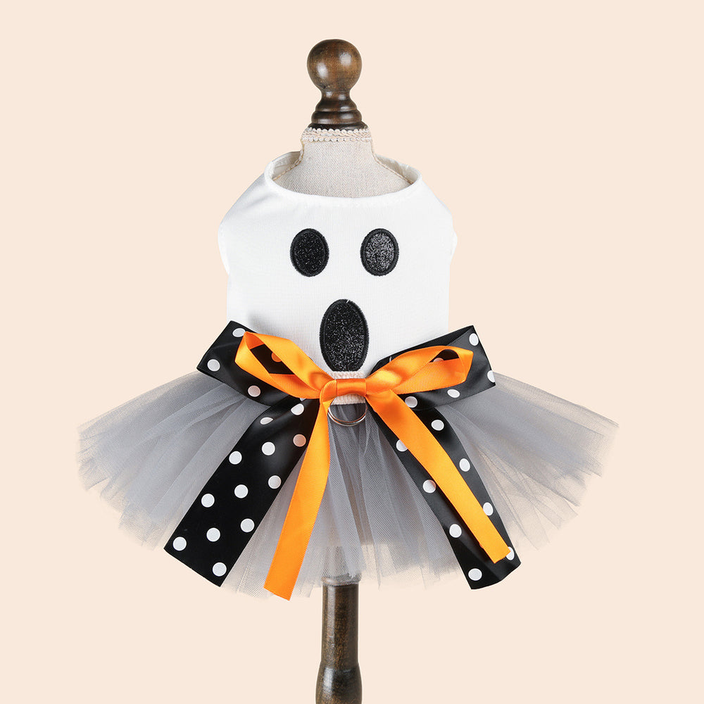 Ghost Face Ghost Polka Dot Bow Halloween Pet Tulle Dress for Maltese, Gray Mesh Festival Costume - QueensalesOF