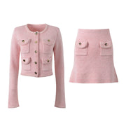 Round neck long sleeved short skirt set - QueensalesOF