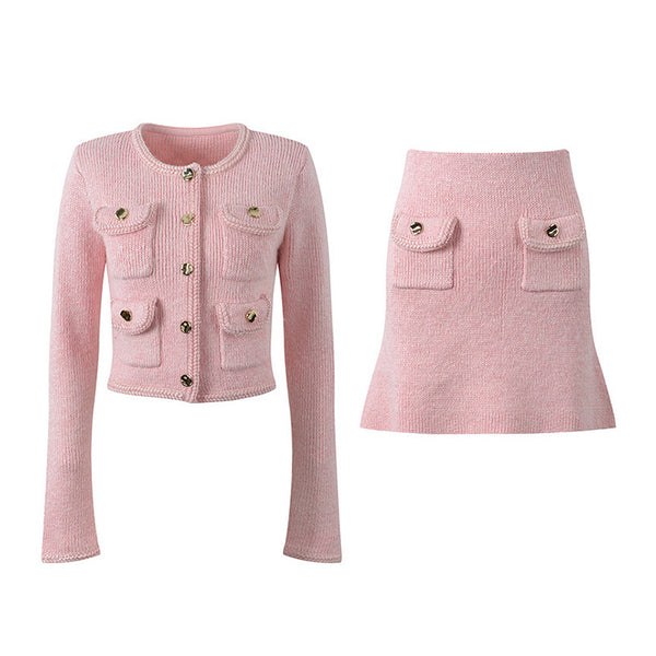 Round neck long sleeved short skirt set - QueensalesOF