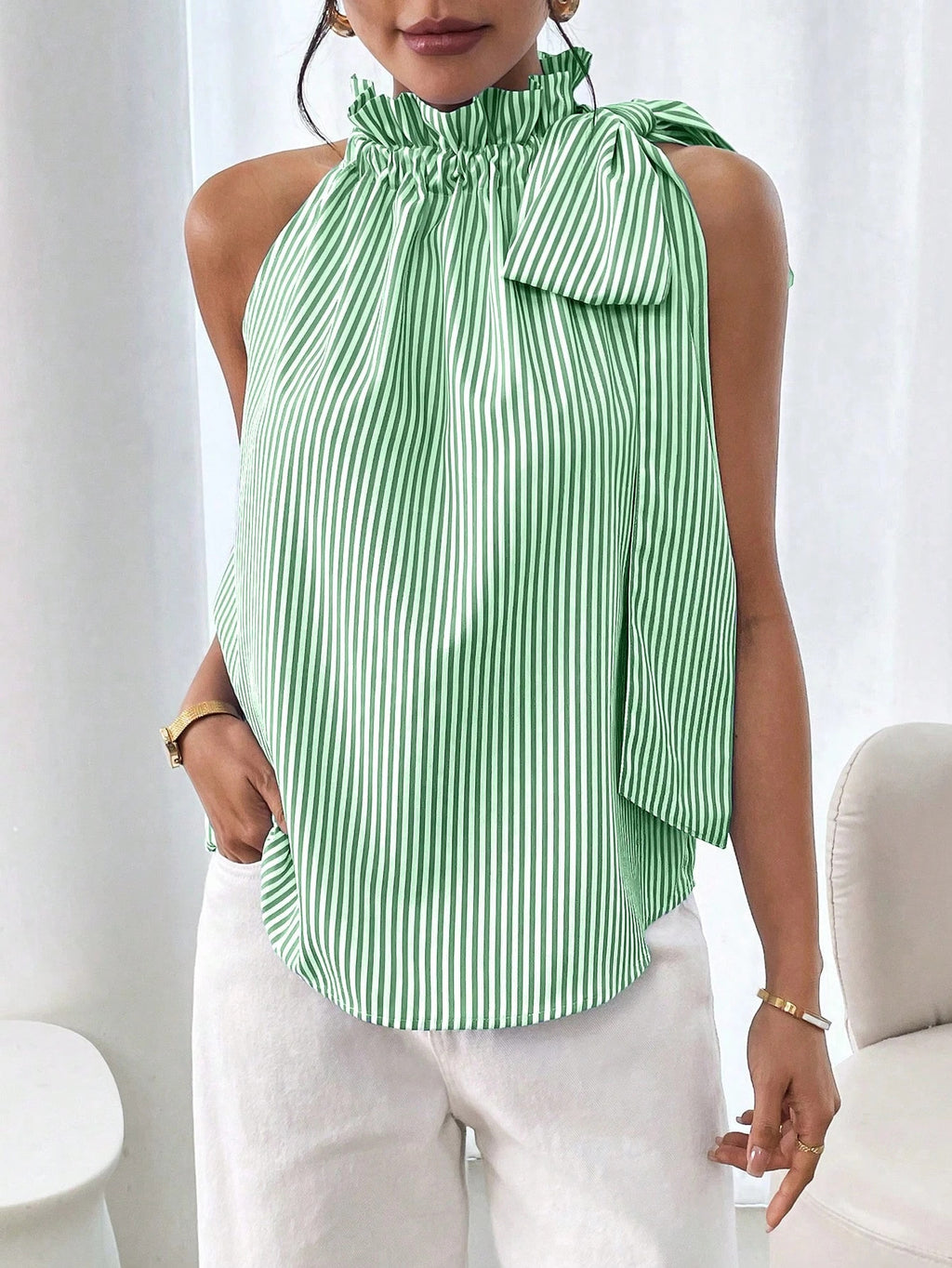 Fashionable Casual Sleeveless Striped Lace Trim High Neck Tie Knot T-Shirt Top