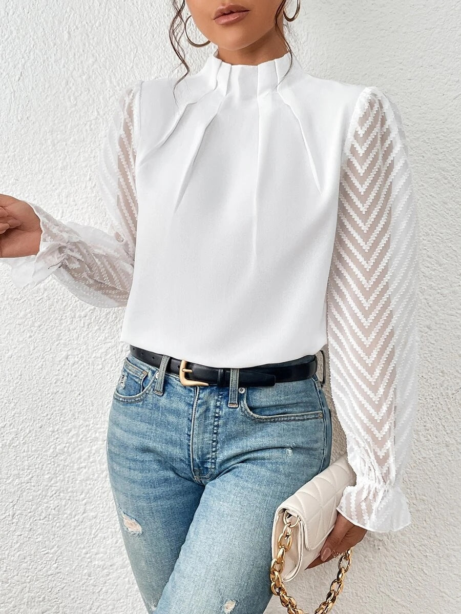 Top de Gasa con Cuello Alto y Patrón de Ondas — Manga Larga para Otoño - QueensalesOF