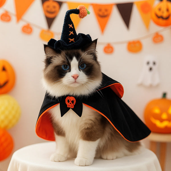 Pet Hair Knit Pumpkin Wizard Hat for Small Dogs and Cats, Halloween Pet Costume, Dog and Cat Hat - QueensalesOF