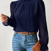 Top de Gasa con Cuello Alto y Patrón de Ondas — Manga Larga para Otoño - QueensalesOF