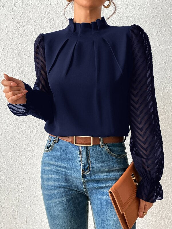 Top de Gasa con Cuello Alto y Patrón de Ondas — Manga Larga para Otoño - QueensalesOF