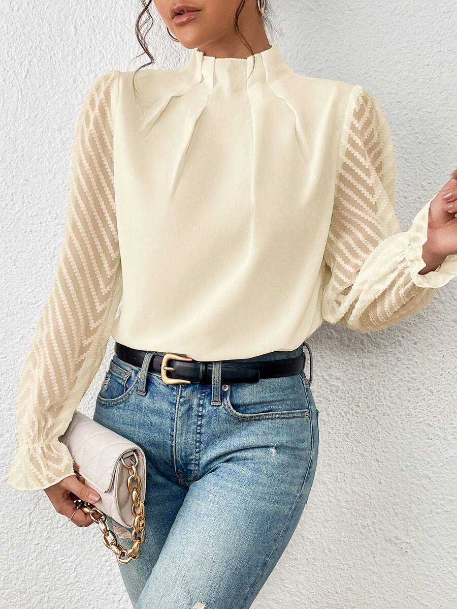 Top de Gasa con Cuello Alto y Patrón de Ondas — Manga Larga para Otoño - QueensalesOF