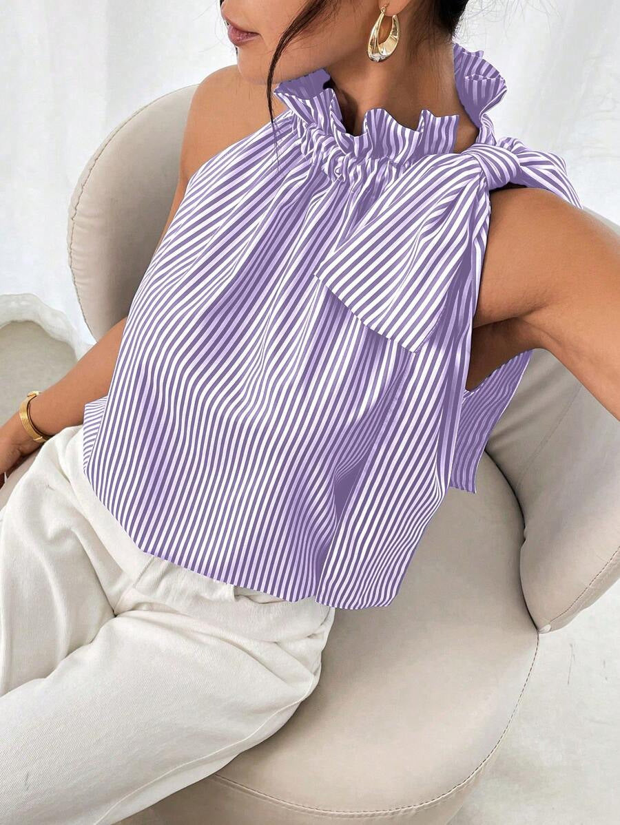 Top Sin Mangas con Rayas y Encaje — Cuello Alto con Nudo - QueensalesOF