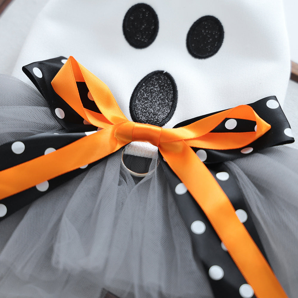 Ghost Face Ghost Polka Dot Bow Halloween Pet Tulle Dress for Maltese, Gray Mesh Festival Costume - QueensalesOF