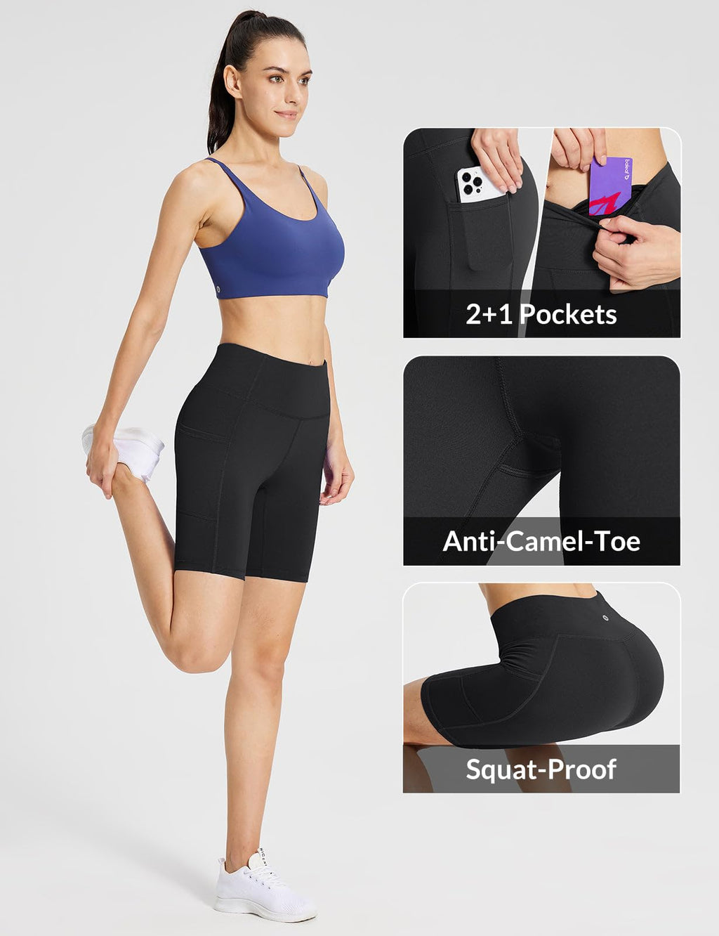 baleaf Women's High Waist Biker Shorts Tummy Control Spandex Shorts with 3 Pockets for Yoga Running Workout Compression 8" Black L