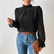 Top de Gasa con Cuello Alto y Patrón de Ondas — Manga Larga para Otoño - QueensalesOF