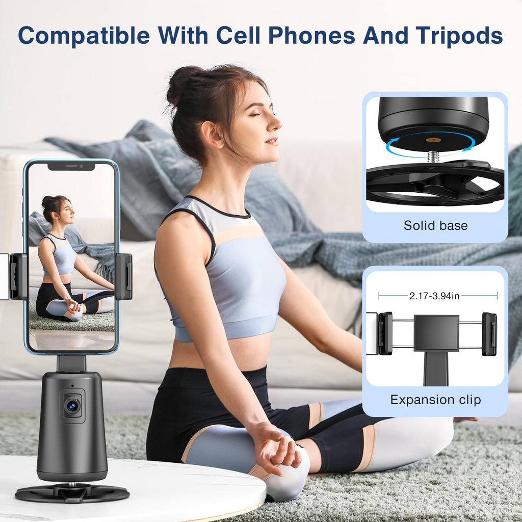 Auto Face Tracking Tripod 360° Rotating Cell Phone Photo and Video Kits Stand, No App, Camera Stand with Remote and Gesture Control, Rechargeable Smart Shooting Stand for Live Recording Tiktok（Black）