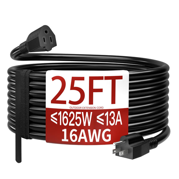 Skrizcable 16/3 25 FT Outdoor Extension Cord Waterproof, Weatherproof & Flame Retardant Black 3 Prong Power Cord Outside for Lawn & Garden, 13 Amps 1625 Watts 125 VAC 16AWG SJTW, ETL Listed - QueensalesOF