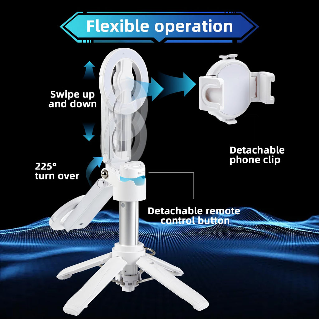 MQOUNY for Magsafe Tripod Stand for iPhone,Portable Pocket Size Selfie Stick with Rechargeable Remote and Metal Ring,Extendable Detachable Cell Phone Tripod Compatible with iPhone/Android (White)