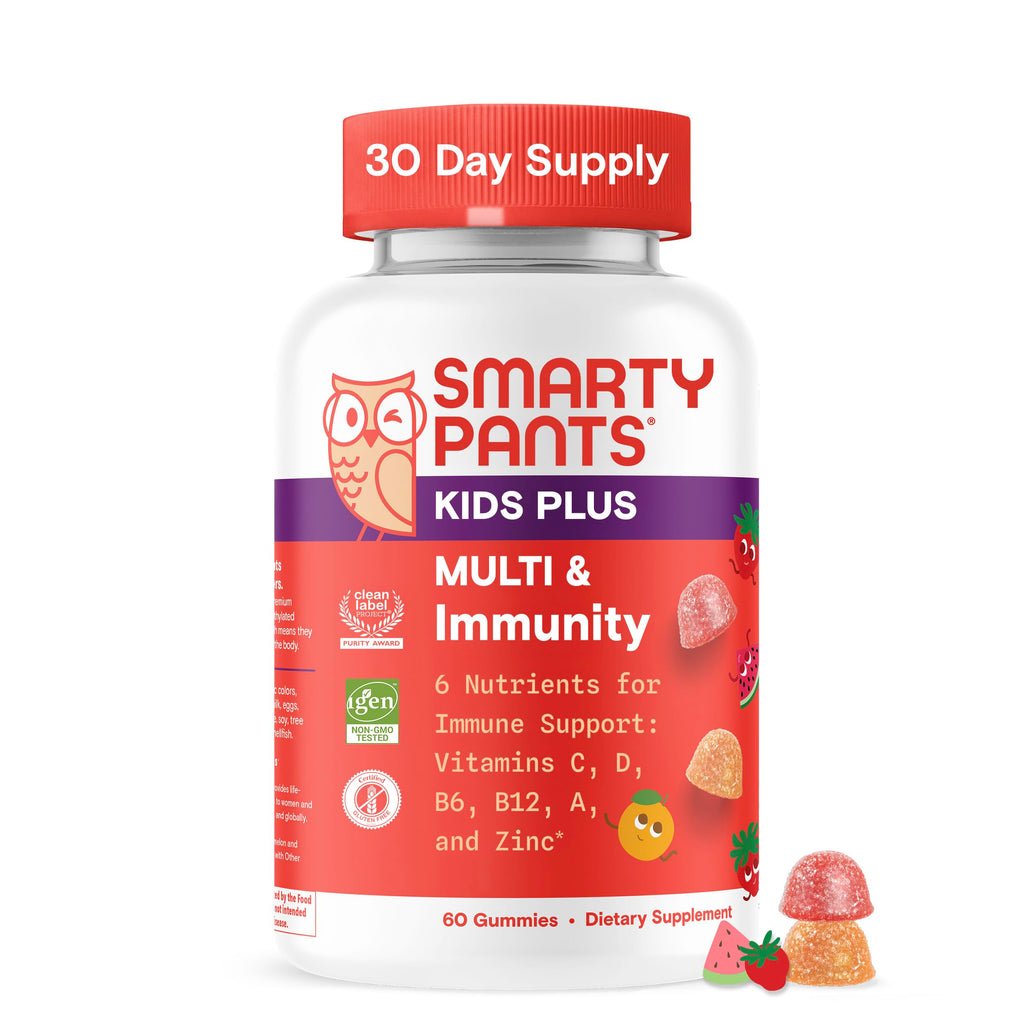 SmartyPants Kids Plus Multi & Immunity Multivitamin Gummies with Vitamins C, D, B6, B12, A, Zinc, Biotin, Iodine, Gluten Free, Clean Label, Two Fruit Flavors, 60 Gummies (30 Day Supply)