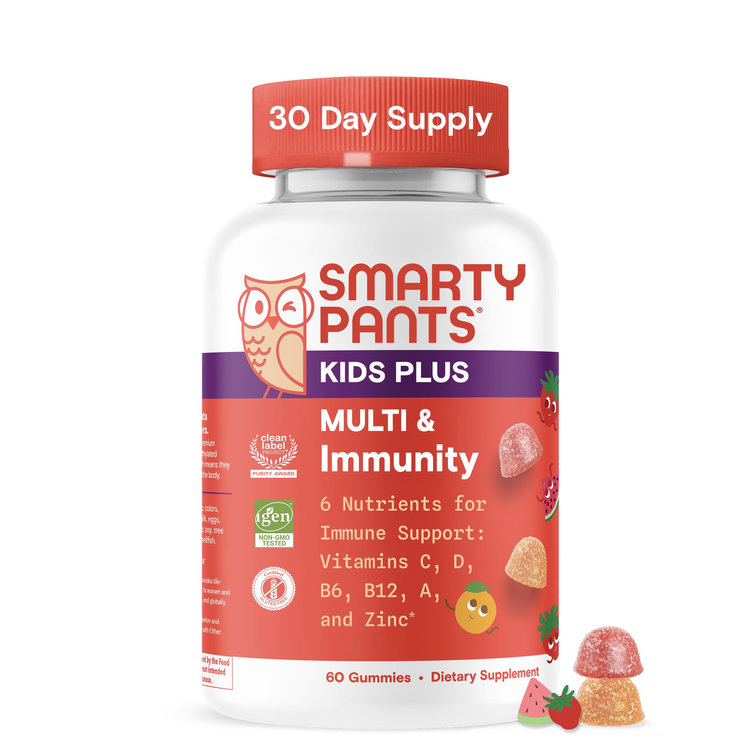 SmartyPants Kids Plus Multi & Immunity Multivitamin Gummies with Vitamins C, D, B6, B12, A, Zinc, Biotin, Iodine, Gluten Free, Clean Label, Two Fruit Flavors, 60 Gummies (30 Day Supply)