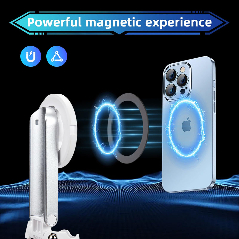 MQOUNY for Magsafe Tripod Stand for iPhone,Portable Pocket Size Selfie Stick with Rechargeable Remote and Metal Ring,Extendable Detachable Cell Phone Tripod Compatible with iPhone/Android (White) - QueensalesOF