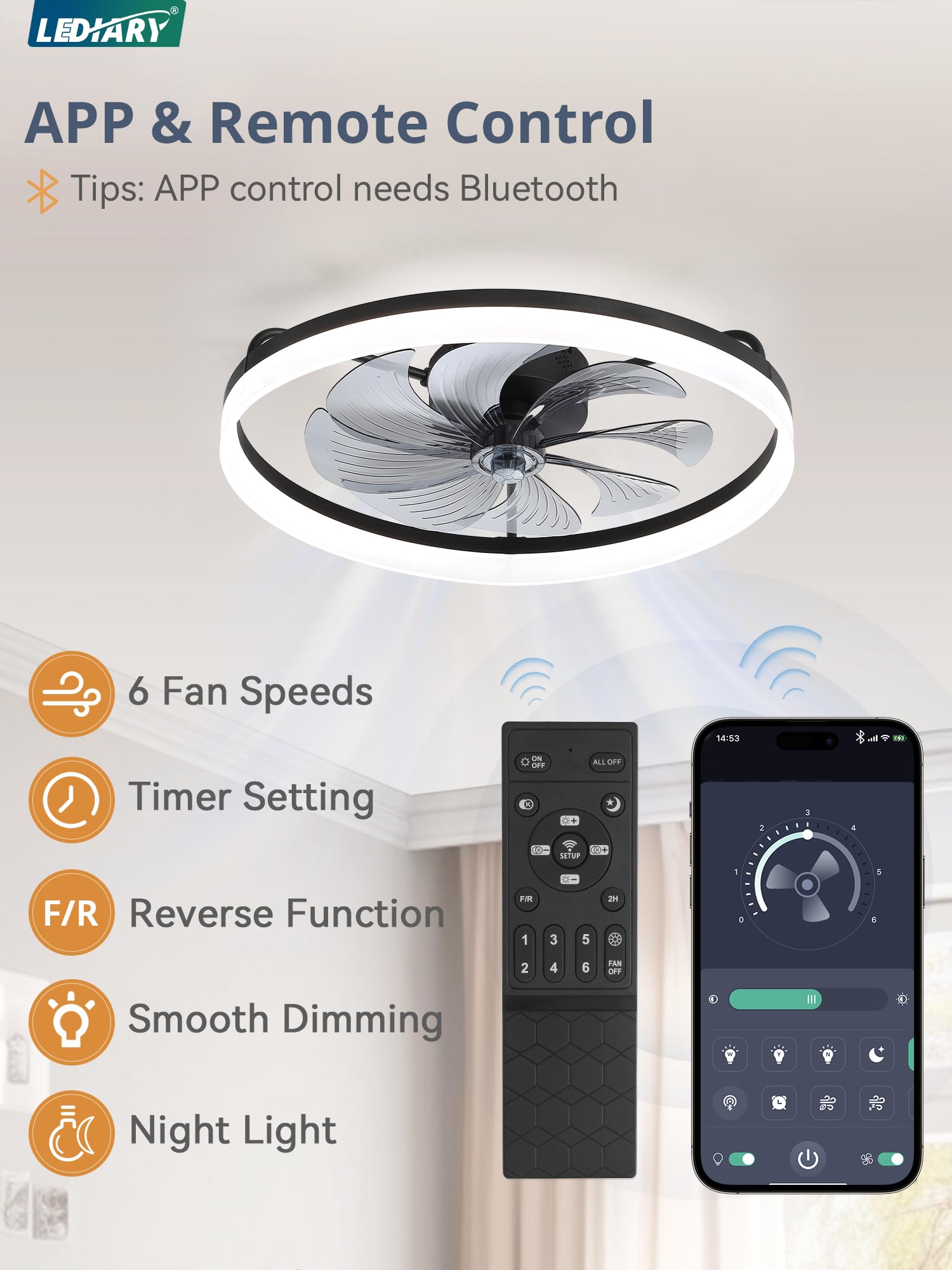 LEDIARY Ceiling Fans with Lights, 23 inch Low Profile Flush Mount Ceiling Fan, Dimmable LED, APP & Remote Control, Quiet Reversible DC Motor, 6 Speeds, Fandelier for Bedroom, Black