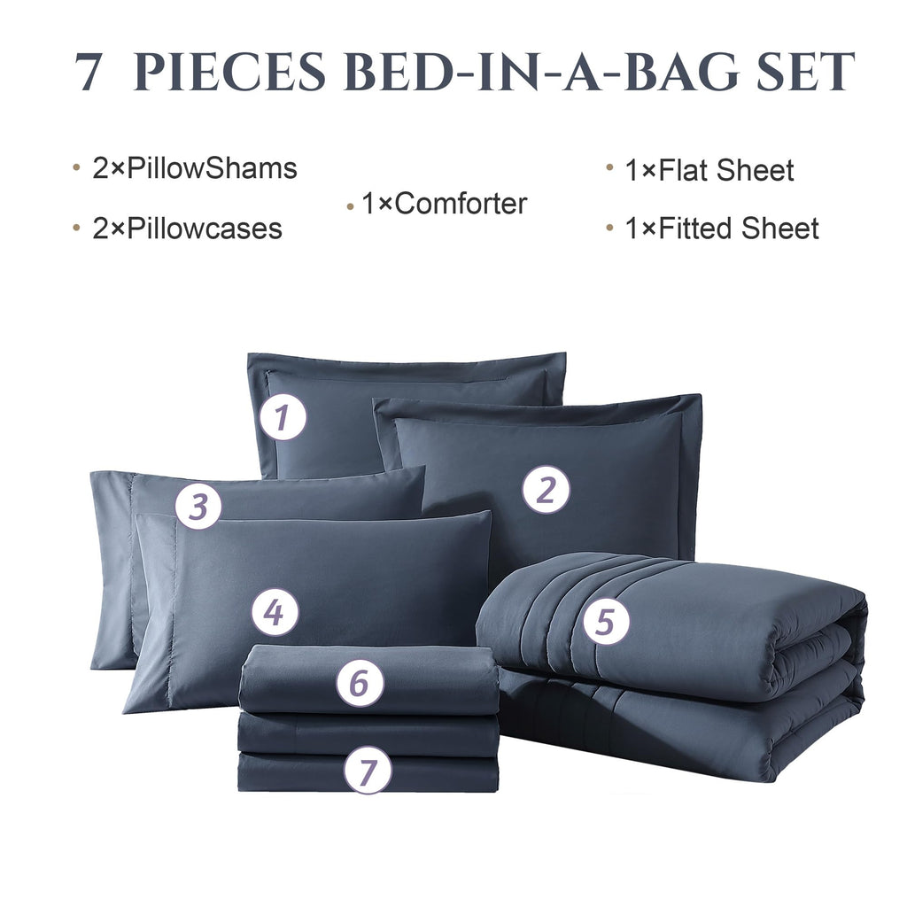 Monbix Full Size Comforter Sets - 7 Pieces Blue Grey Bed in a Bag Full Size Bedding Sets with Comforters, All Seasons Comforter with Sheets, Pillowcases & Shams