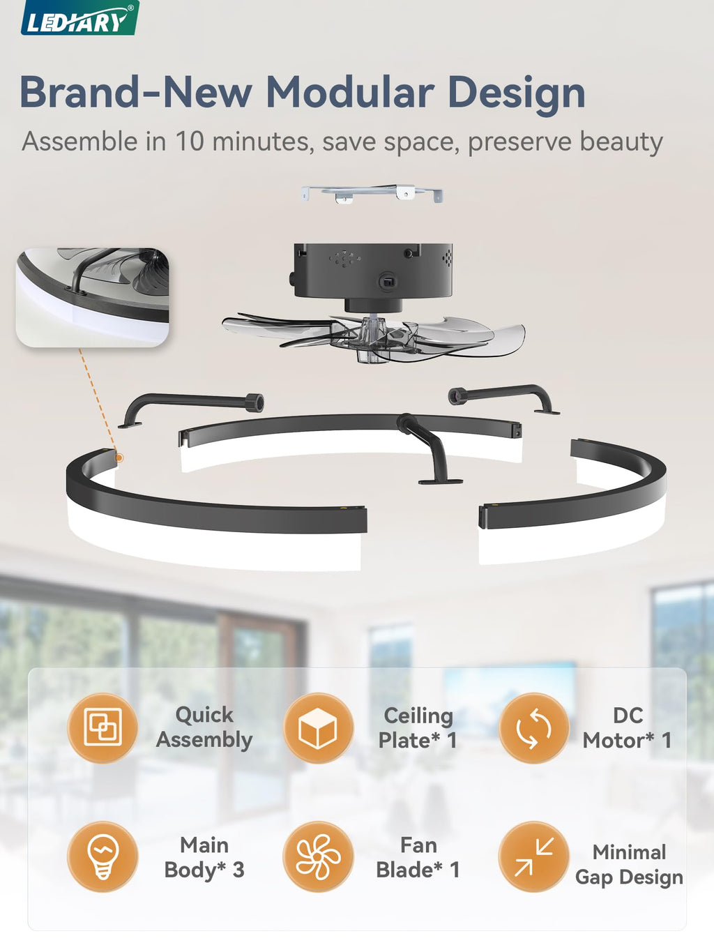 LEDIARY Ceiling Fans with Lights, 23 inch Low Profile Flush Mount Ceiling Fan, Dimmable LED, APP & Remote Control, Quiet Reversible DC Motor, 6 Speeds, Fandelier for Bedroom, Black