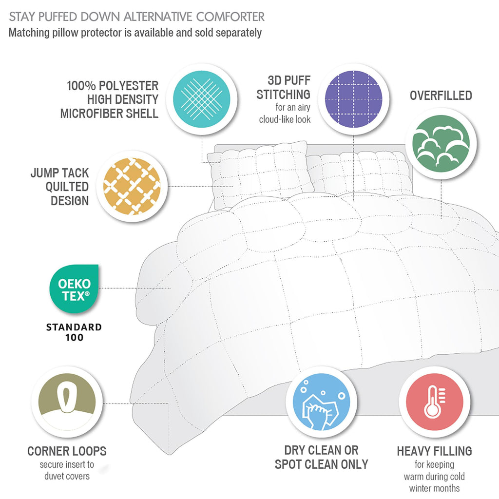 Madison Park Queen Comforter, Overfilled High Desity Down Alternative Fill Winter, 3D Puff Jump Tack Quilted Microfiber Fluffy Comforter, Corner Loops, Stay Puffed, Full/Queen, White