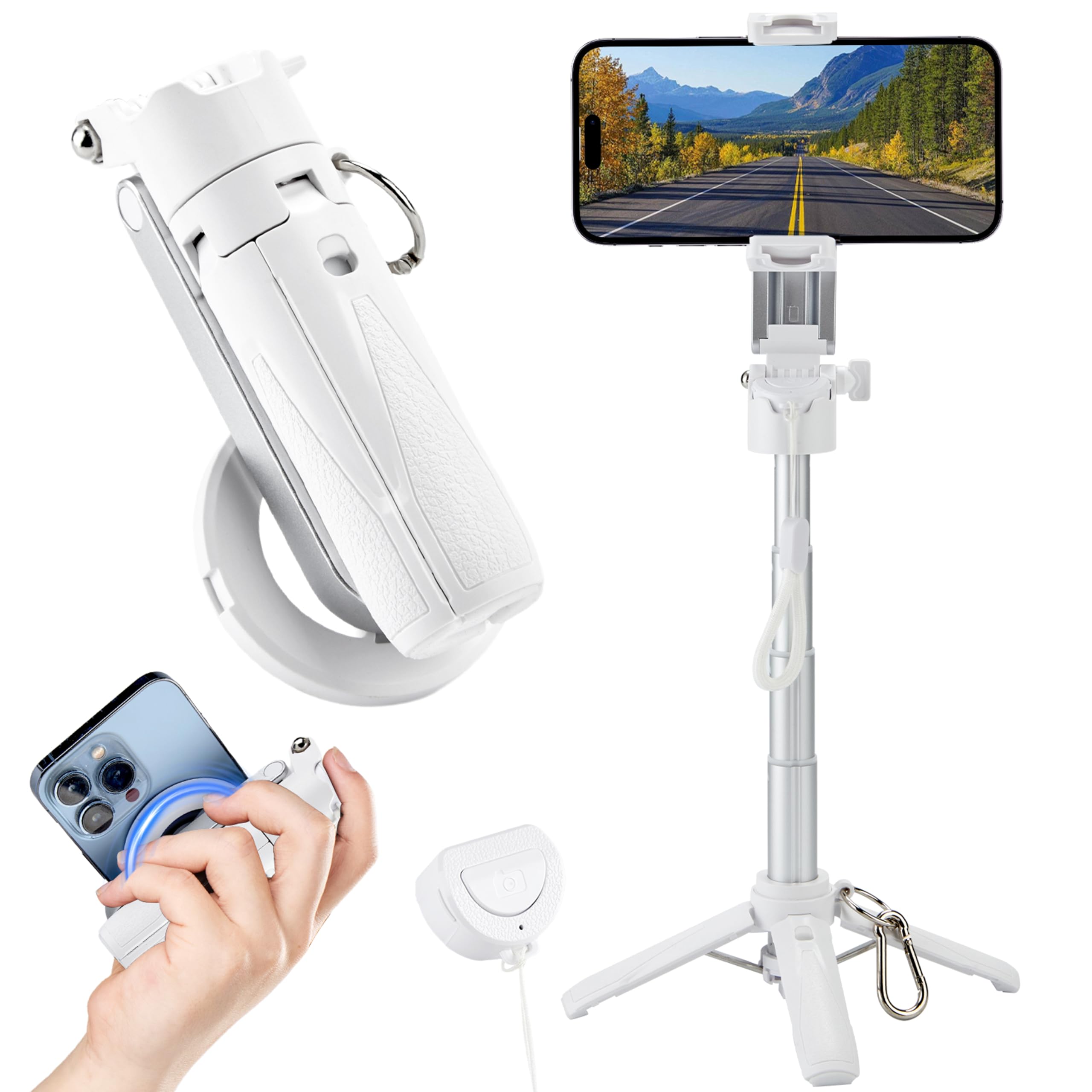 MQOUNY for Magsafe Tripod Stand for iPhone,Portable Pocket Size Selfie Stick with Rechargeable Remote and Metal Ring,Extendable Detachable Cell Phone Tripod Compatible with iPhone/Android (White)