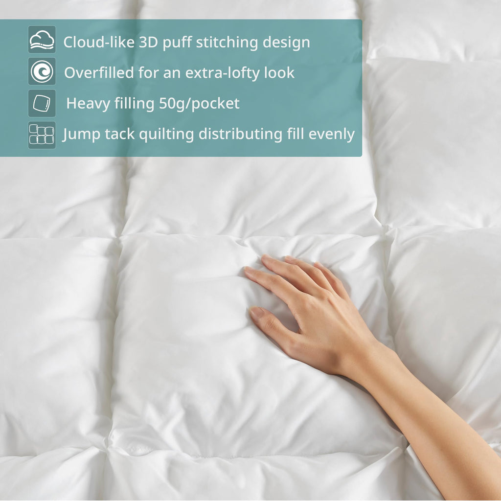 Madison Park Queen Comforter, Overfilled High Desity Down Alternative Fill Winter, 3D Puff Jump Tack Quilted Microfiber Fluffy Comforter, Corner Loops, Stay Puffed, Full/Queen, White