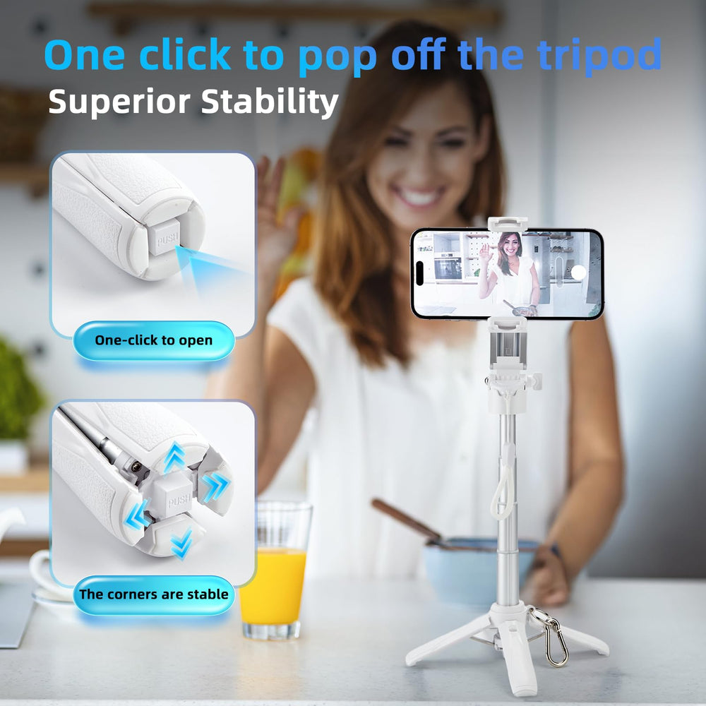MQOUNY for Magsafe Tripod Stand for iPhone,Portable Pocket Size Selfie Stick with Rechargeable Remote and Metal Ring,Extendable Detachable Cell Phone Tripod Compatible with iPhone/Android (White) - QueensalesOF