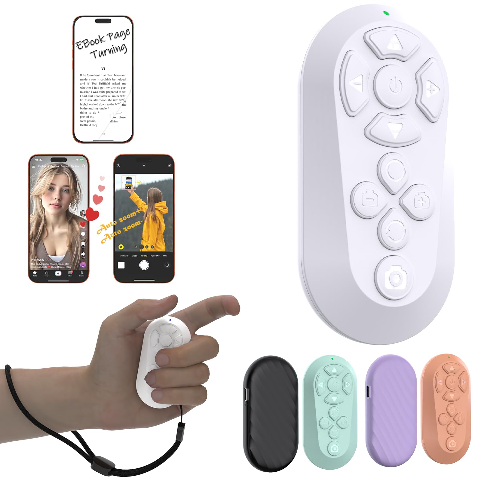 GUVOHUT Bluetooth Remote Controller for TikTok Scrolling/Camera/Video Recording/Kindle App Compatible with iOS/Android (White)