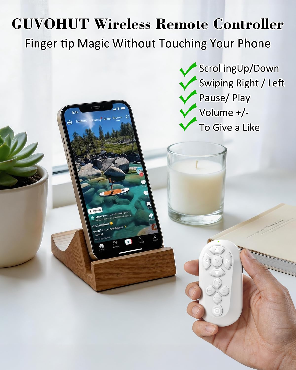 GUVOHUT Bluetooth Remote Controller for TikTok Scrolling/Camera/Video Recording/Kindle App Compatible with iOS/Android (White)