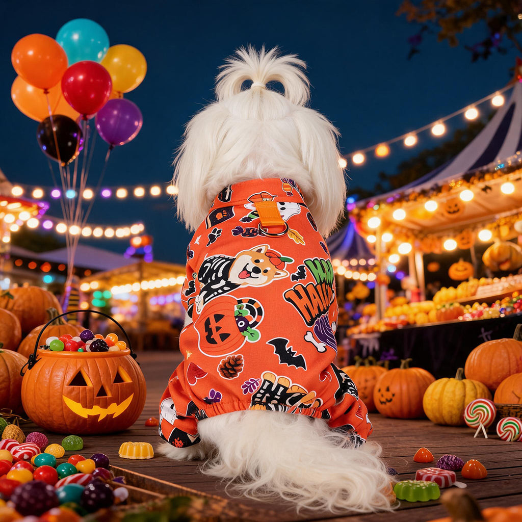 Halloween Orange Pet Onesie Four-Legged Pajamas for Teddy, Yorkshire TerrierUniversal Pumpkin Print Clothing