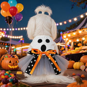Ghost Face Ghost Polka Dot Bow Halloween Pet Tulle Dress for Maltese, Gray Mesh Festival Costume - QueensalesOF