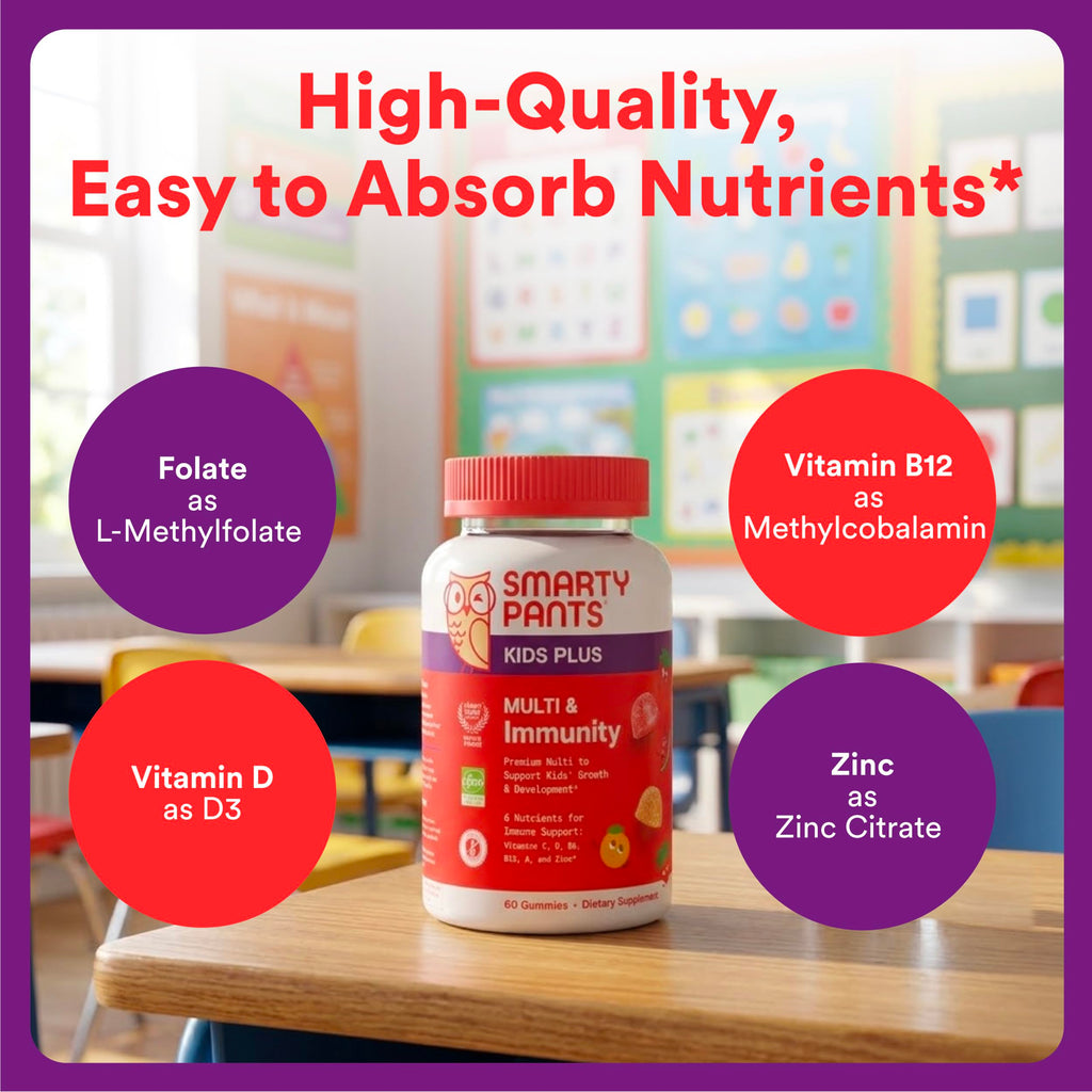 SmartyPants Kids Plus Multi & Immunity Multivitamin Gummies with Vitamins C, D, B6, B12, A, Zinc, Biotin, Iodine, Gluten Free, Clean Label, Two Fruit Flavors, 60 Gummies (30 Day Supply)