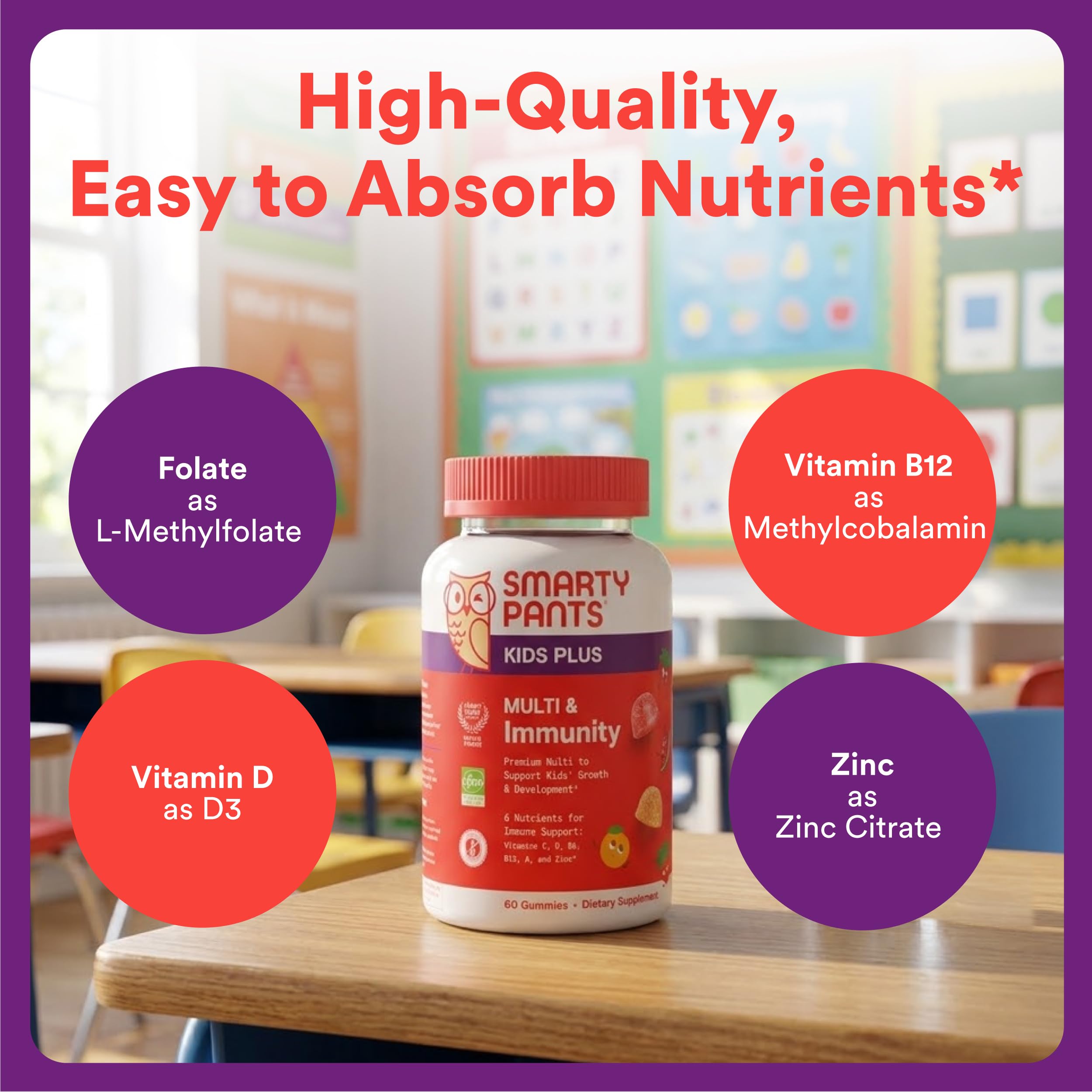 SmartyPants Kids Plus Multi & Immunity Multivitamin Gummies with Vitamins C, D, B6, B12, A, Zinc, Biotin, Iodine, Gluten Free, Clean Label, Two Fruit Flavors, 60 Gummies (30 Day Supply)