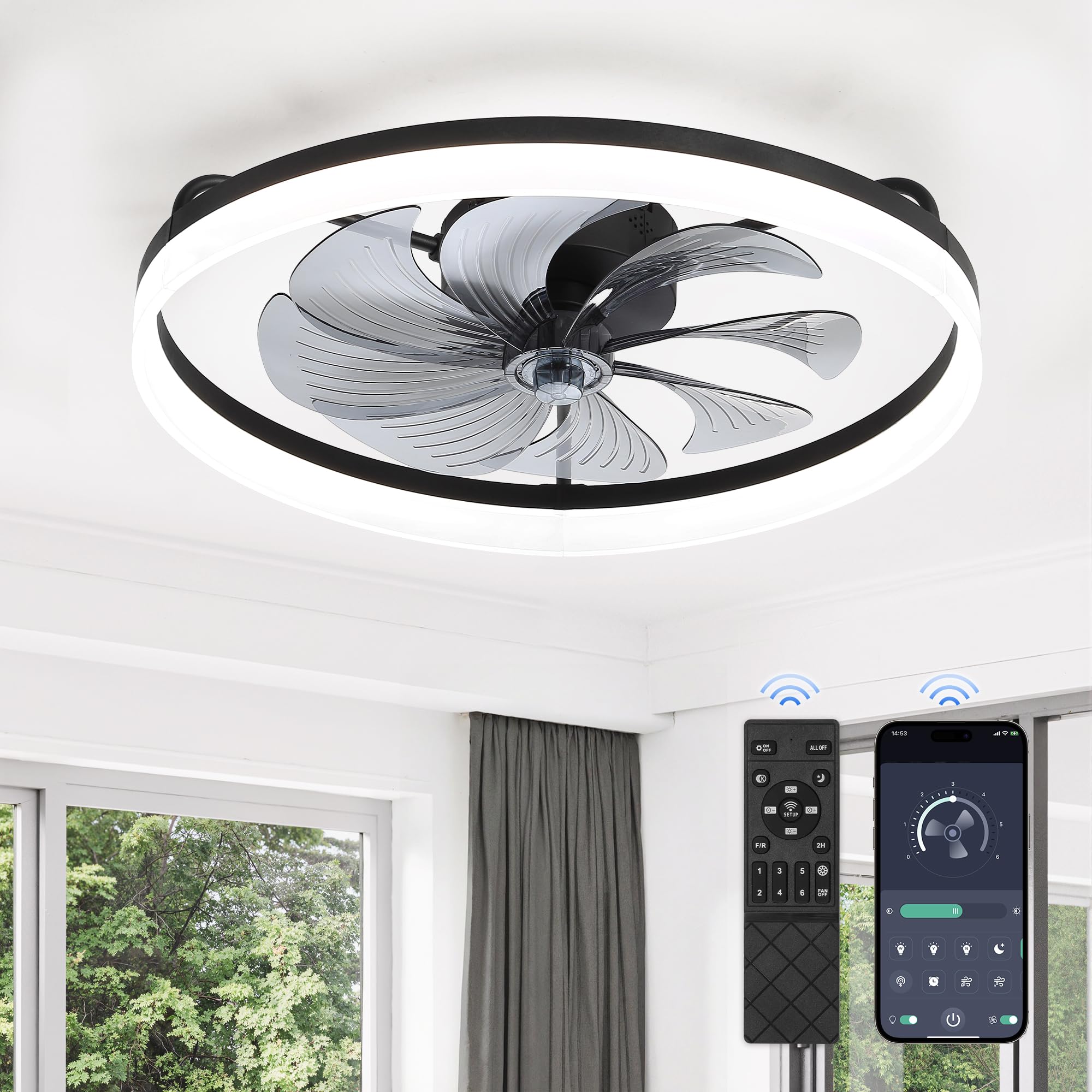 LEDIARY Ceiling Fans with Lights, 23 inch Low Profile Flush Mount Ceiling Fan, Dimmable LED, APP & Remote Control, Quiet Reversible DC Motor, 6 Speeds, Fandelier for Bedroom, Black