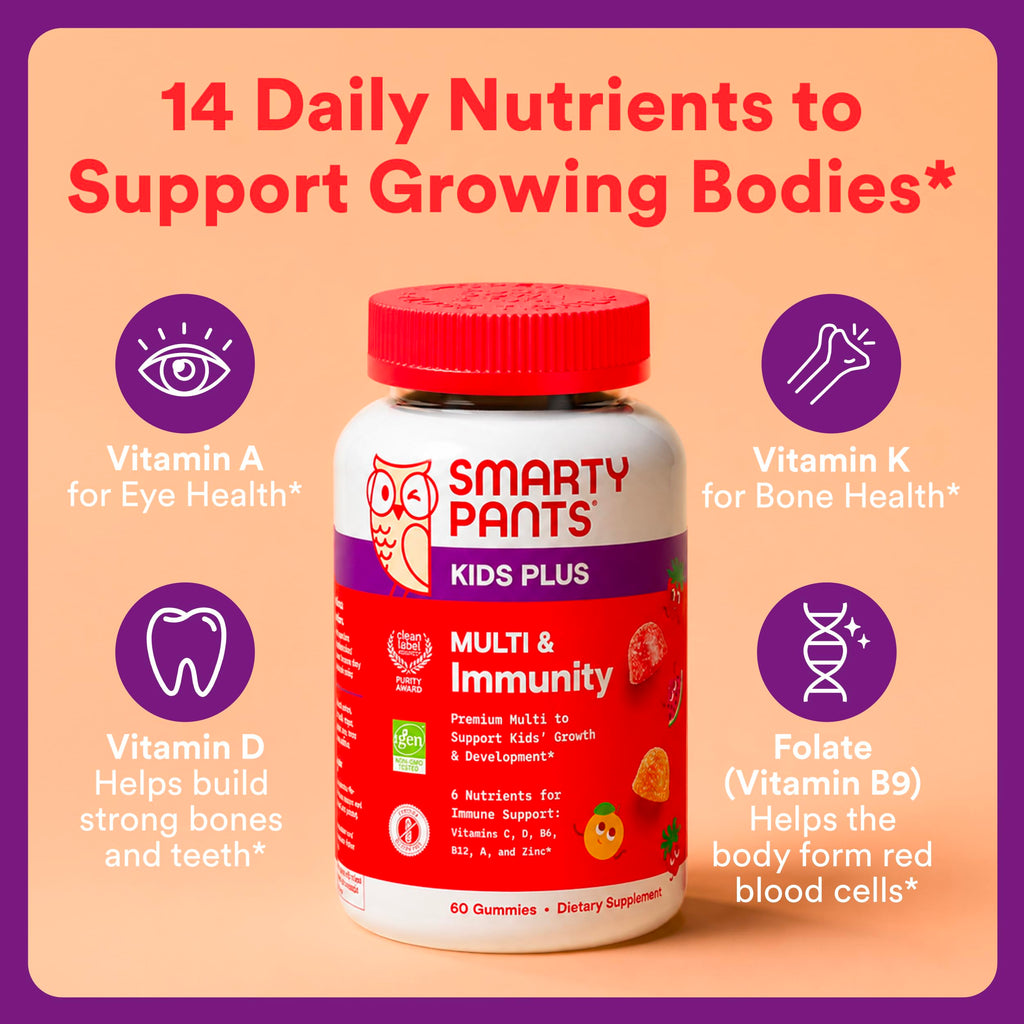 SmartyPants Kids Plus Multi & Immunity Multivitamin Gummies with Vitamins C, D, B6, B12, A, Zinc, Biotin, Iodine, Gluten Free, Clean Label, Two Fruit Flavors, 60 Gummies (30 Day Supply)