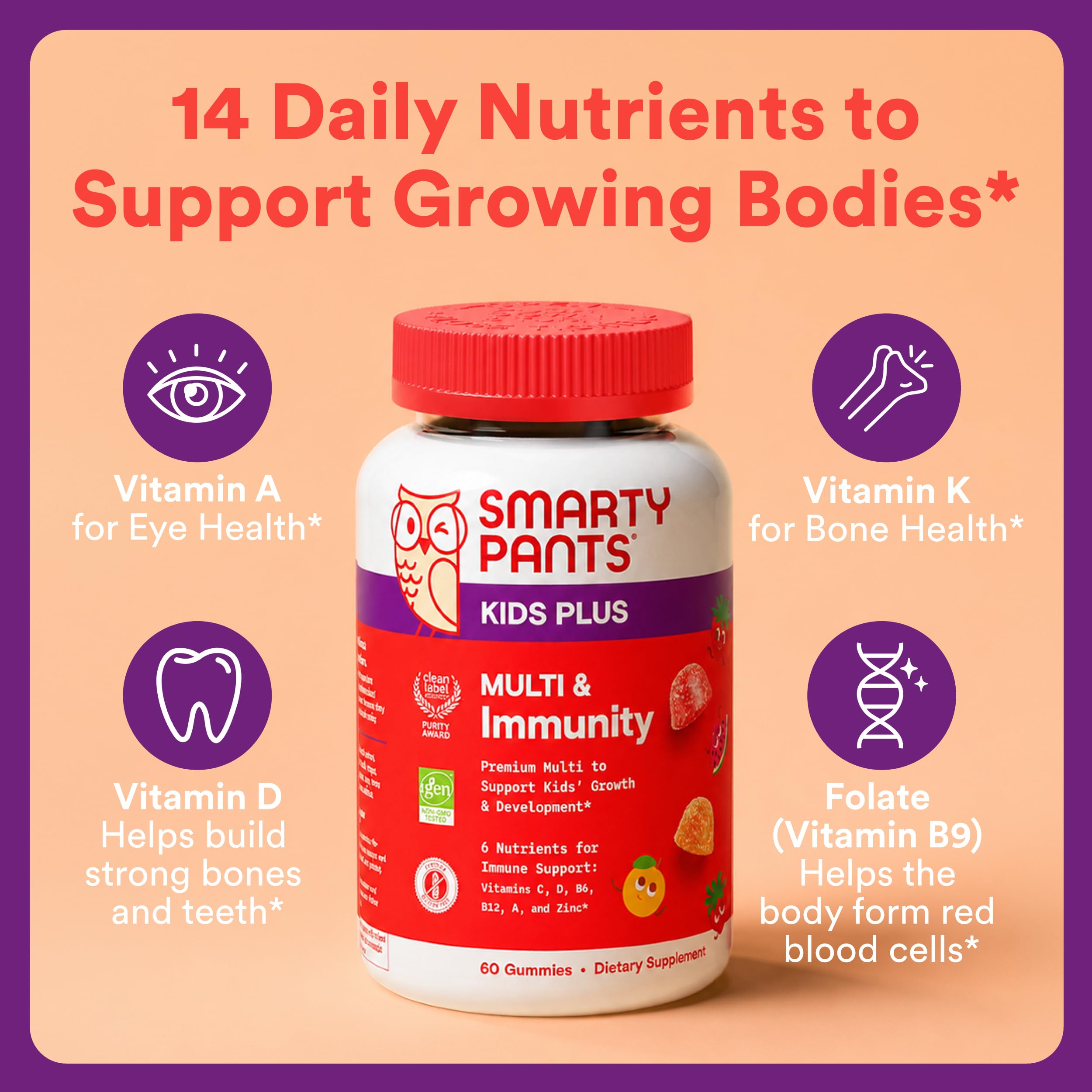 SmartyPants Kids Plus Multi & Immunity Multivitamin Gummies with Vitamins C, D, B6, B12, A, Zinc, Biotin, Iodine, Gluten Free, Clean Label, Two Fruit Flavors, 60 Gummies (30 Day Supply)