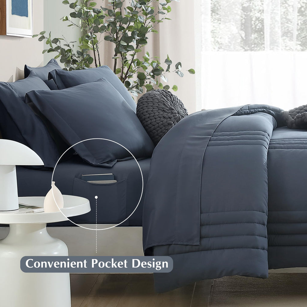 Monbix Full Size Comforter Sets - 7 Pieces Blue Grey Bed in a Bag Full Size Bedding Sets with Comforters, All Seasons Comforter with Sheets, Pillowcases & Shams