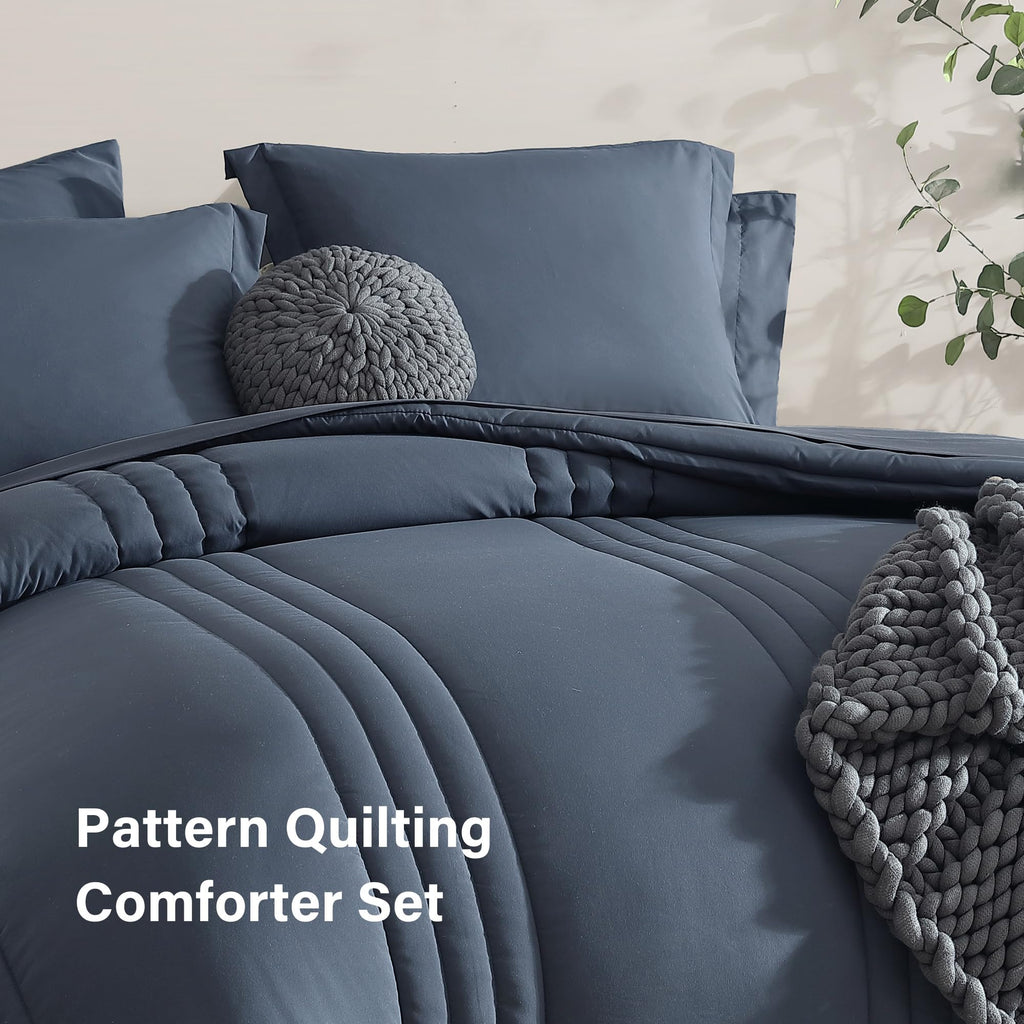 Monbix Full Size Comforter Sets - 7 Pieces Blue Grey Bed in a Bag Full Size Bedding Sets with Comforters, All Seasons Comforter with Sheets, Pillowcases & Shams