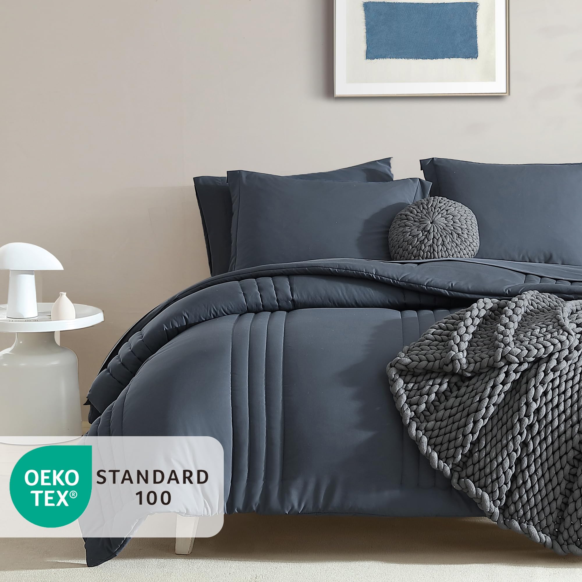 Monbix Full Size Comforter Sets - 7 Pieces Blue Grey Bed in a Bag Full Size Bedding Sets with Comforters, All Seasons Comforter with Sheets, Pillowcases & Shams
