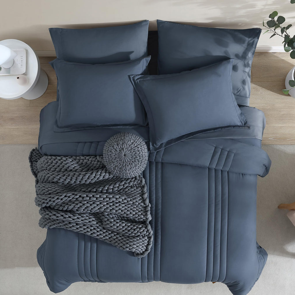 Monbix Full Size Comforter Sets - 7 Pieces Blue Grey Bed in a Bag Full Size Bedding Sets with Comforters, All Seasons Comforter with Sheets, Pillowcases & Shams
