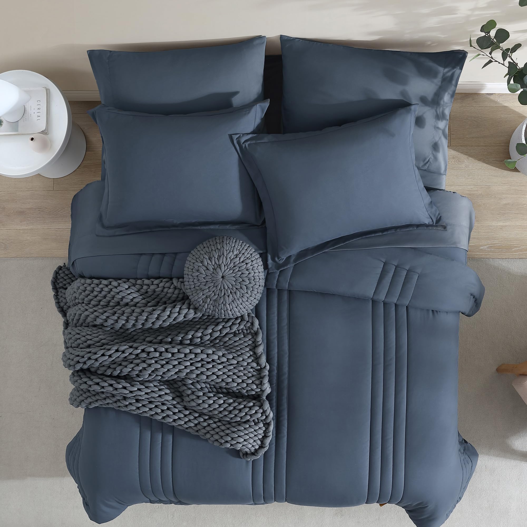 Monbix Full Size Comforter Sets - 7 Pieces Blue Grey Bed in a Bag Full Size Bedding Sets with Comforters, All Seasons Comforter with Sheets, Pillowcases & Shams
