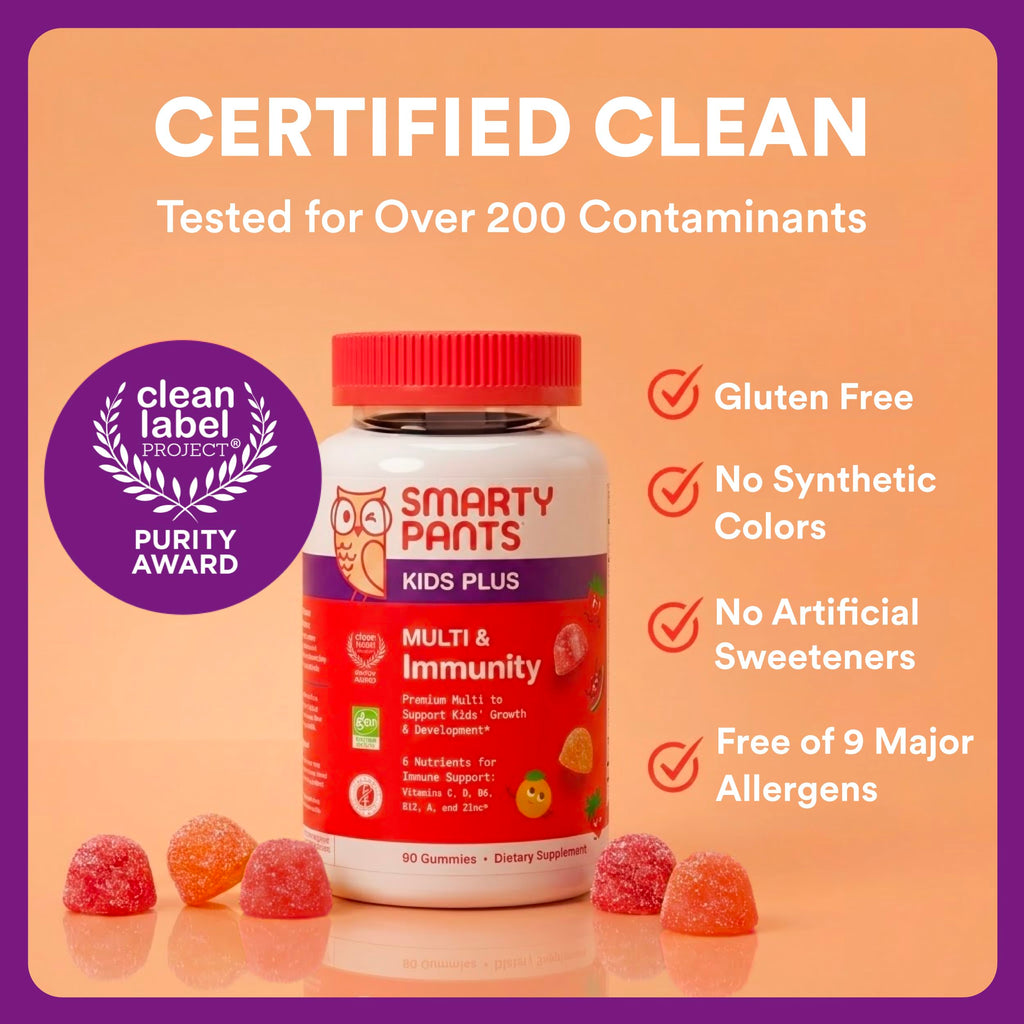 SmartyPants Kids Plus Multi & Immunity Multivitamin Gummies with Vitamins C, D, B6, B12, A, Zinc, Biotin, Iodine, Gluten Free, Clean Label, Two Fruit Flavors, 60 Gummies (30 Day Supply)