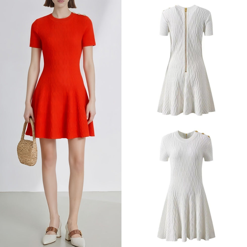 Vestido Casual de Manga Corta — Cuello Redondo, Silueta Tipo A - QueensalesOF