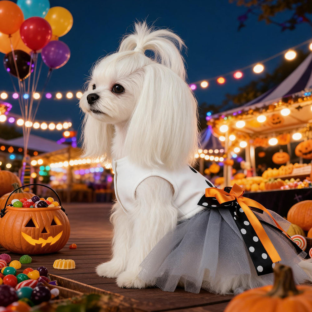 Ghost Face Ghost Polka Dot Bow Halloween Pet Tulle Dress for Maltese, Gray Mesh Festival Costume - QueensalesOF