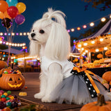 Ghost Face Ghost Polka Dot Bow Halloween Pet Tulle Dress for Maltese, Gray Mesh Festival Costume - QueensalesOF